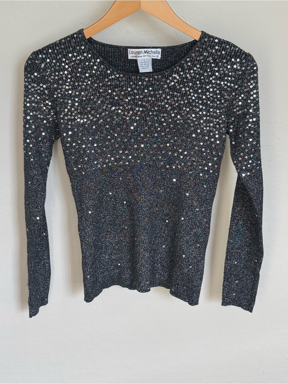 Lauren Michelle Vintage Black Silver Metallic Sequin Knit Long Sleeve Top Large